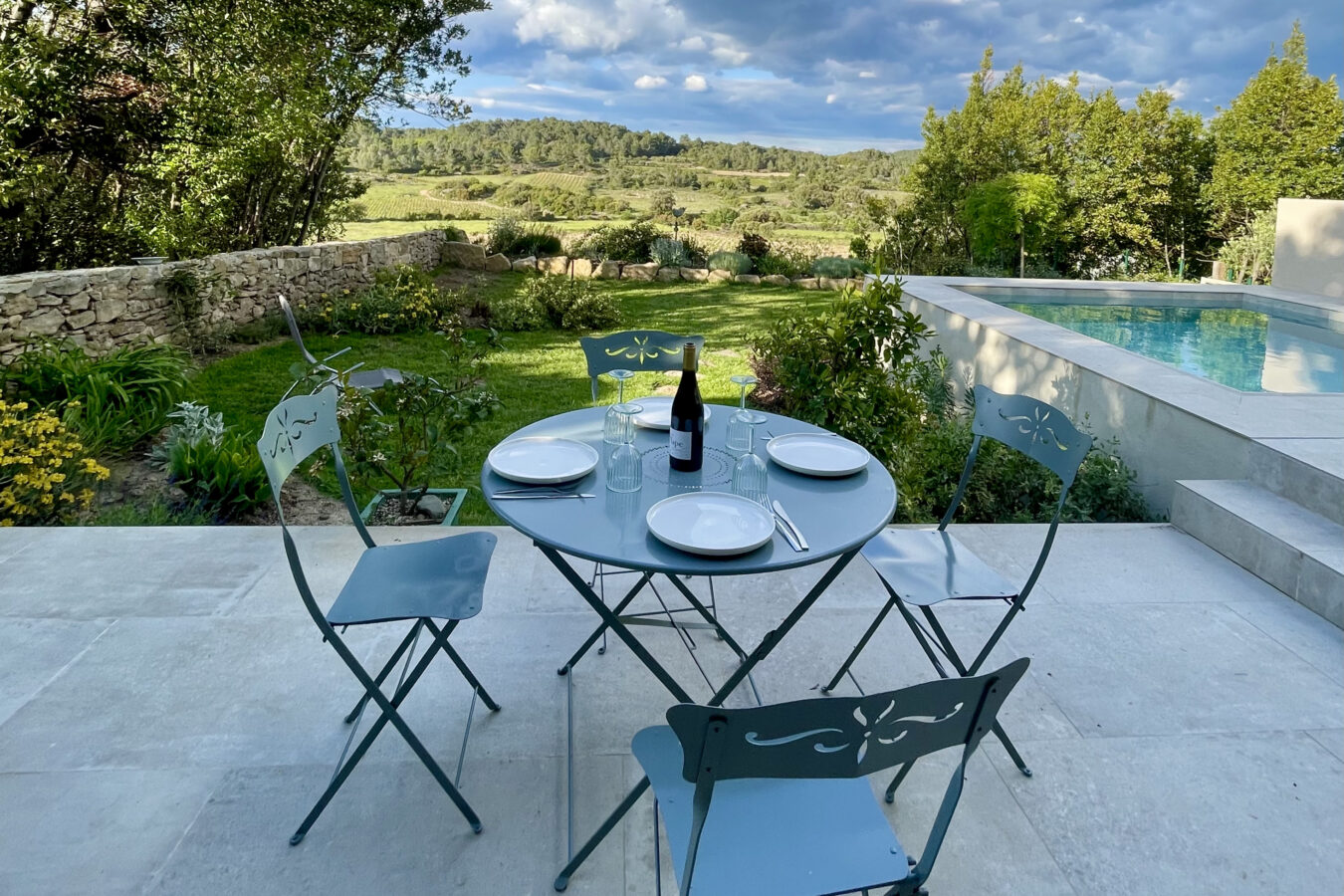 Sun terrace at La Souquet accommodation with stunning views of the Minervois, South of France